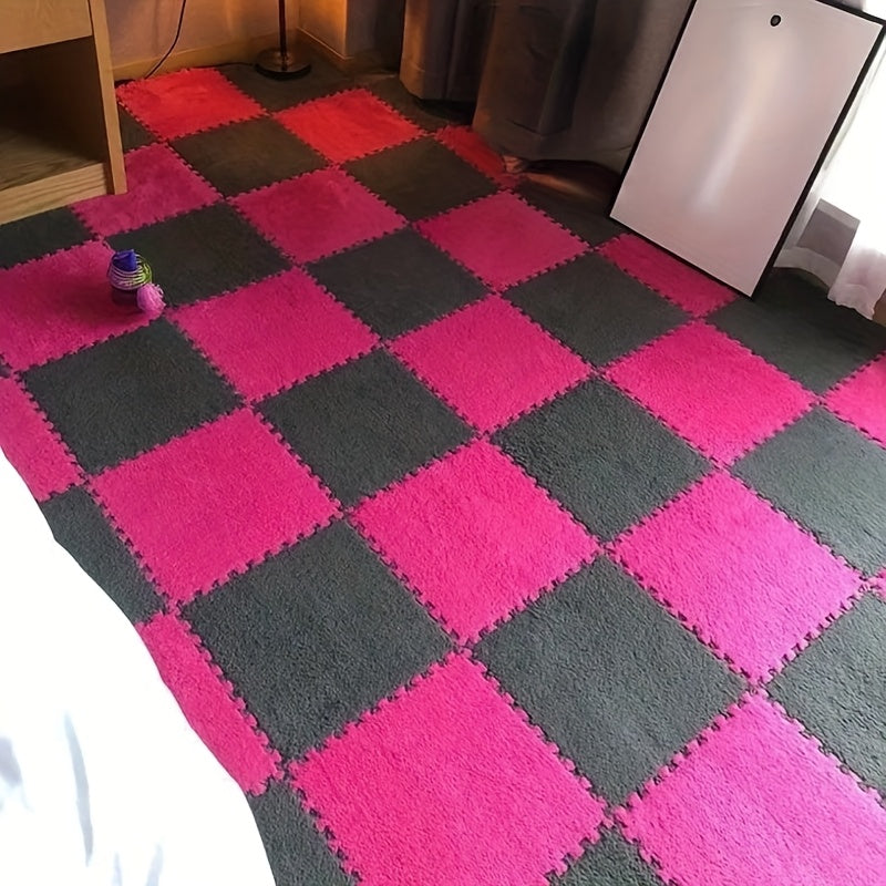 40pcs Interlocking Mosaic Puzzle Floor Mats - Plush Soft Checkered Pattern Non-Slip Rug, 11.8x11.8 Inch Thick 1cm, 100% Polyester & Acetate, Soundproof Shock Absorption for Bedroom Living Room Game Room Decor