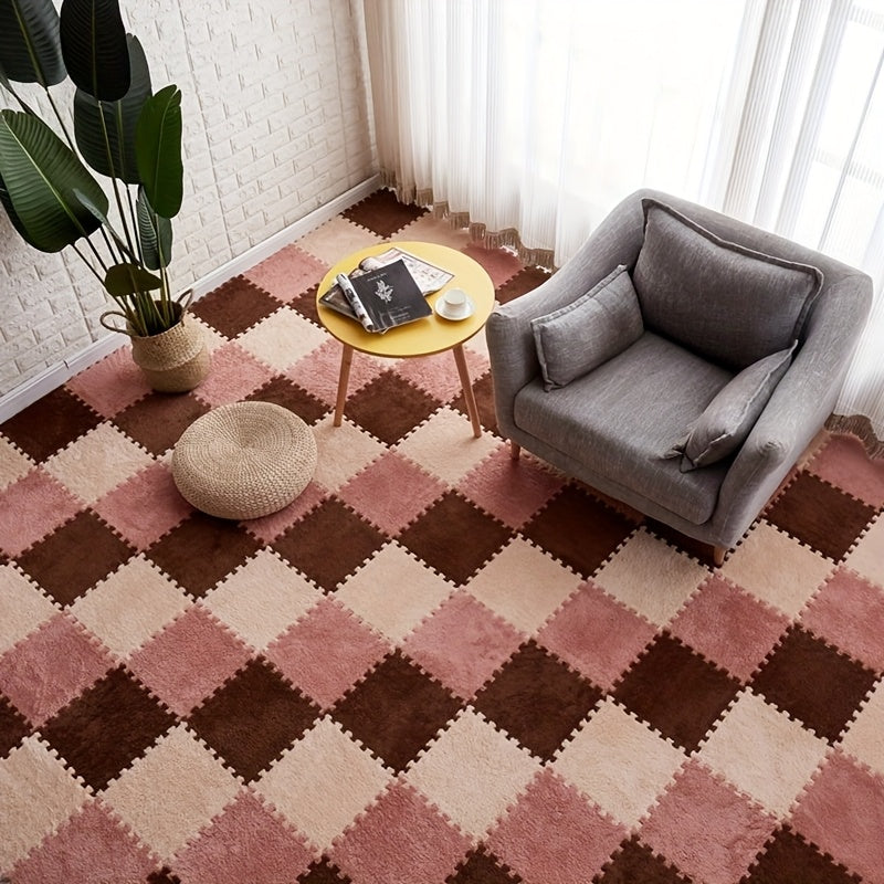 40pcs Interlocking Mosaic Puzzle Floor Mats - Plush Soft Checkered Pattern Non-Slip Rug, 11.8x11.8 Inch Thick 1cm, 100% Polyester & Acetate, Soundproof Shock Absorption for Bedroom Living Room Game Room Decor
