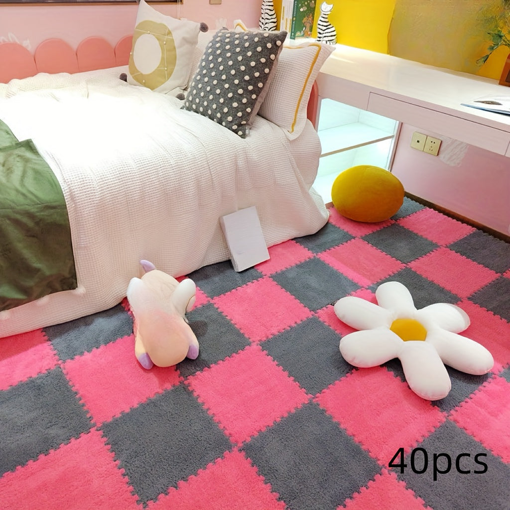 Washable Plush Puzzle Mat Set 40pcs Non-Slip Washable Plush Interlocking Puzzle Mat Set - Durable Polyester Fabric Mosaic Carpet Tiles - Quick-Dry, EVA Backing, 1cm Thickness, 500gsm