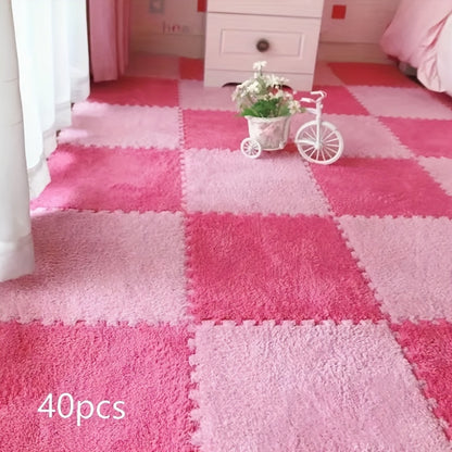 40pcs Interlocking Mosaic Puzzle Floor Mats - Plush Soft Checkered Pattern Non-Slip Rug, 11.8x11.8 Inch Thick 1cm, 100% Polyester & Acetate, Soundproof Shock Absorption for Bedroom Living Room Game Room Decor