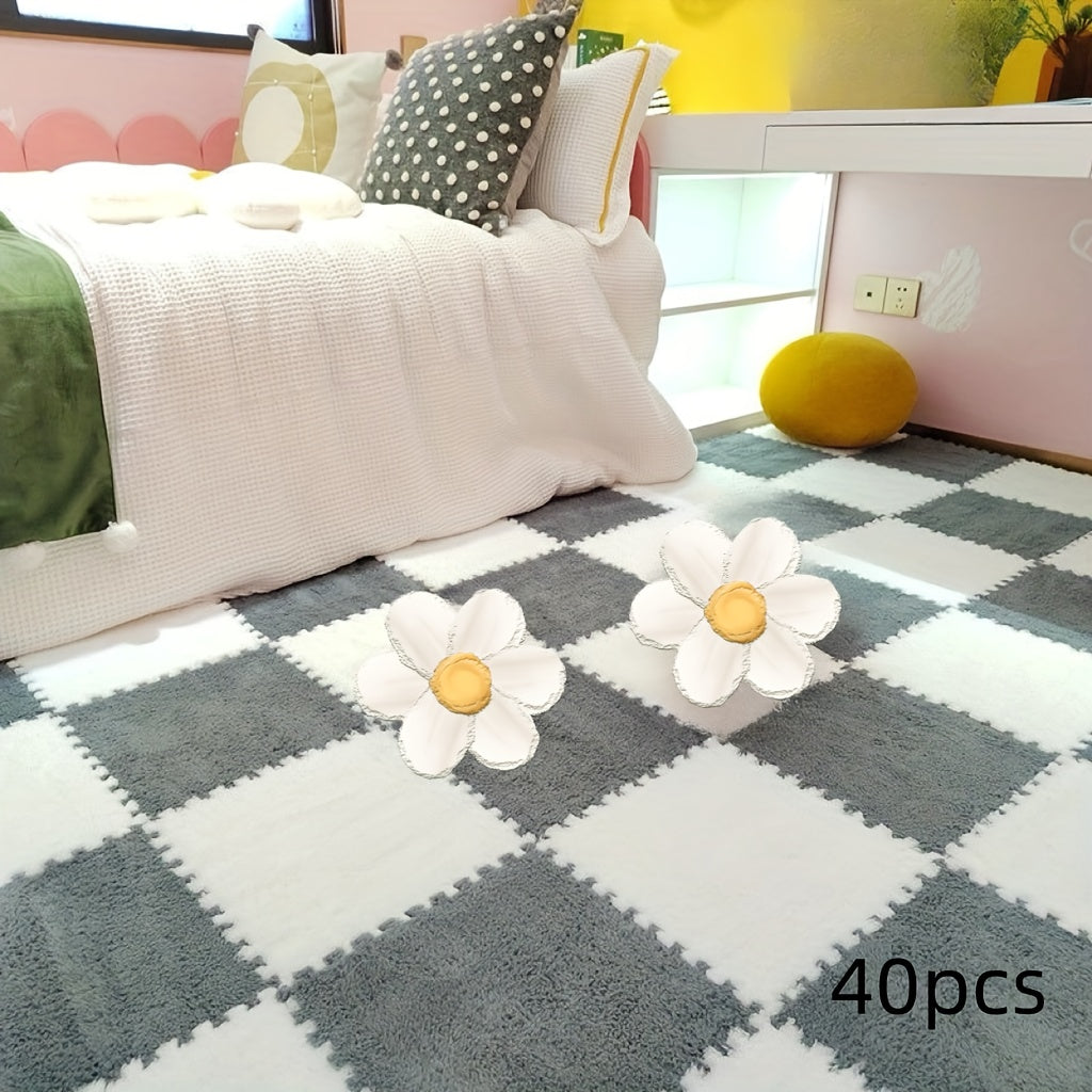 Washable Plush Puzzle Mat Set 40pcs Non-Slip Washable Plush Interlocking Puzzle Mat Set - Durable Polyester Fabric Mosaic Carpet Tiles - Quick-Dry, EVA Backing, 1cm Thickness, 500gsm