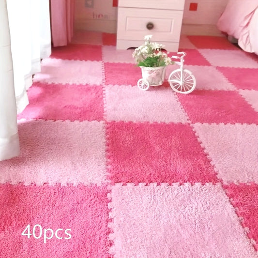 40pcs Interlocking Mosaic Puzzle Floor Mats - Plush Soft Checkered Pattern Non-Slip Rug, 11.8x11.8 Inch Thick 1cm, 100% Polyester & Acetate, Soundproof Shock Absorption for Bedroom Living Room Game Room Decor