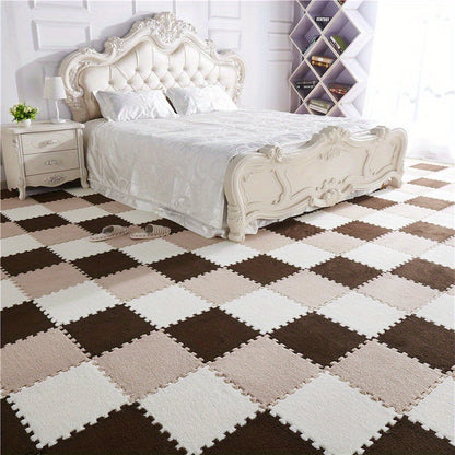 40pcs Interlocking Mosaic Puzzle Floor Mats - Plush Soft Checkered Pattern Non-Slip Rug, 11.8x11.8 Inch Thick 1cm, 100% Polyester & Acetate, Soundproof Shock Absorption for Bedroom Living Room Game Room Decor