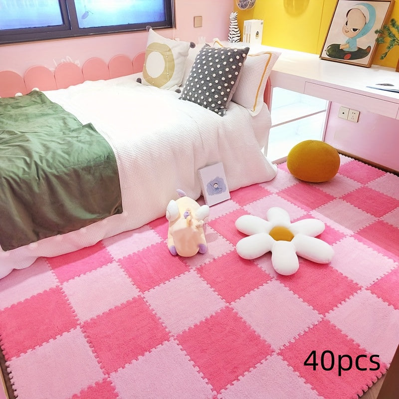 Washable Plush Puzzle Mat Set 40pcs Non-Slip Washable Plush Interlocking Puzzle Mat Set - Durable Polyester Fabric Mosaic Carpet Tiles - Quick-Dry, EVA Backing, 1cm Thickness, 500gsm