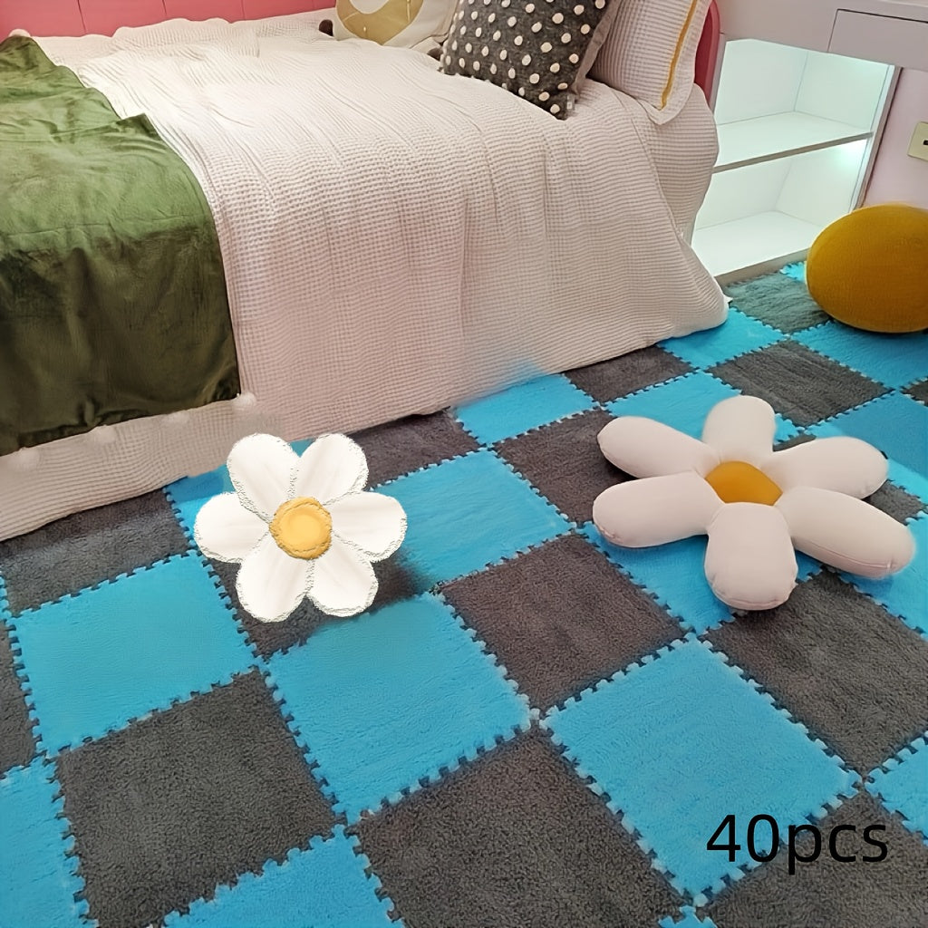 Washable Plush Puzzle Mat Set 40pcs Non-Slip Washable Plush Interlocking Puzzle Mat Set - Durable Polyester Fabric Mosaic Carpet Tiles - Quick-Dry, EVA Backing, 1cm Thickness, 500gsm