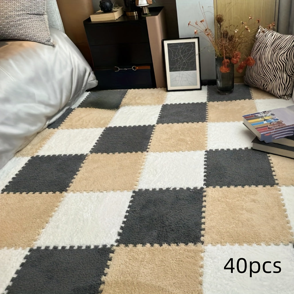 Washable Plush Puzzle Mat Set 40pcs Non-Slip Washable Plush Interlocking Puzzle Mat Set - Durable Polyester Fabric Mosaic Carpet Tiles - Quick-Dry, EVA Backing, 1cm Thickness, 500gsm