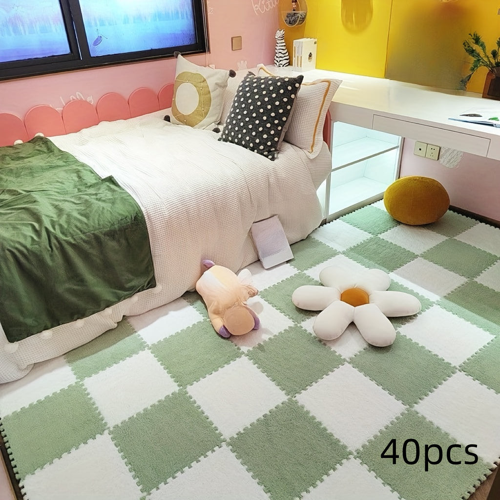Washable Plush Puzzle Mat Set 40pcs Non-Slip Washable Plush Interlocking Puzzle Mat Set - Durable Polyester Fabric Mosaic Carpet Tiles - Quick-Dry, EVA Backing, 1cm Thickness, 500gsm